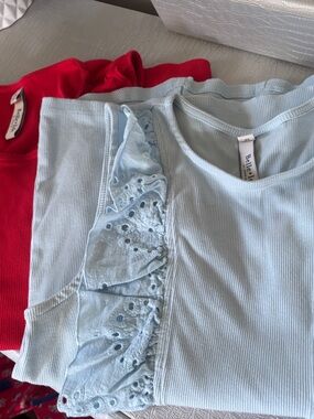 Light Blue & Red Ruffled Ribbed Tank Tops 00 Torid